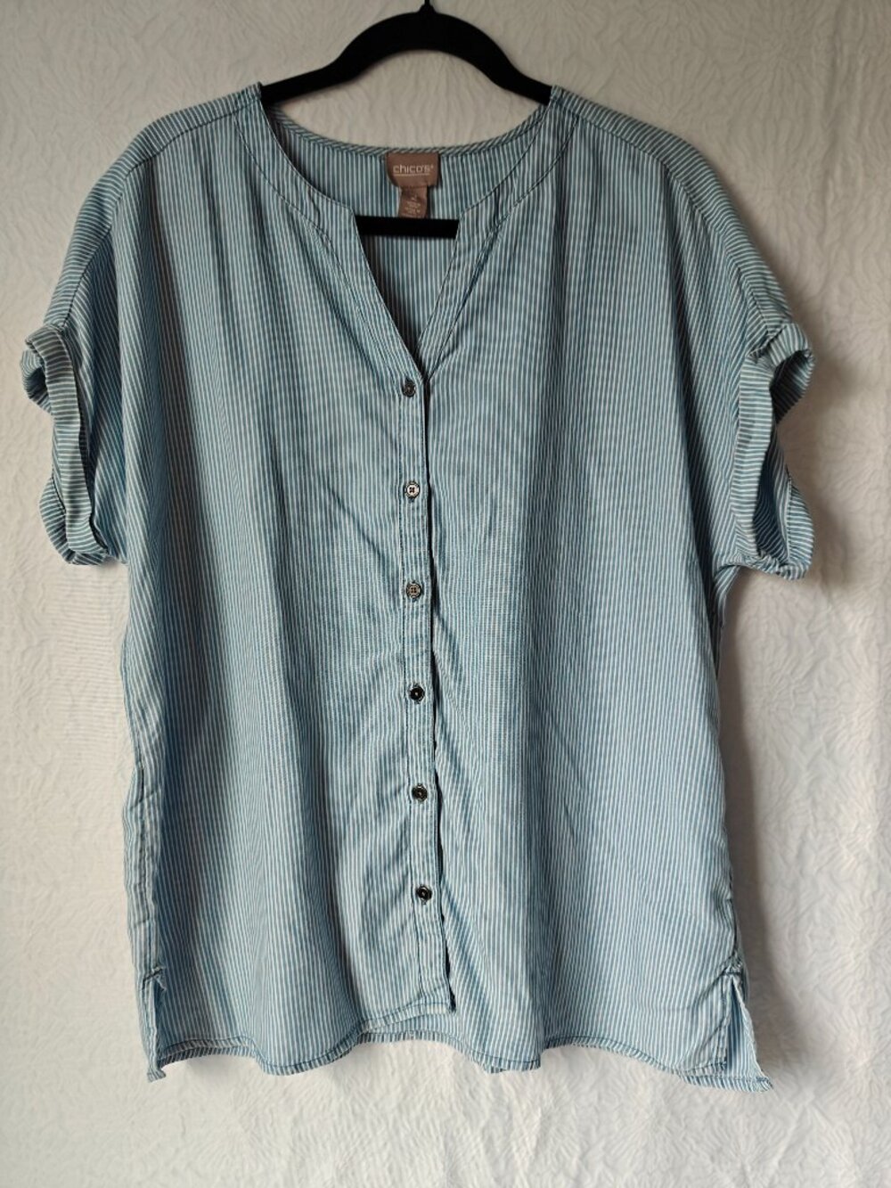 CHICO'S Size 2 Blue & White Stripe Button Front Shirt 100% Lyocell EUC